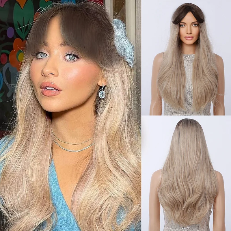 Wavy bangs with gradient light brown color, large waves, high-temperature synthetic fiber wig