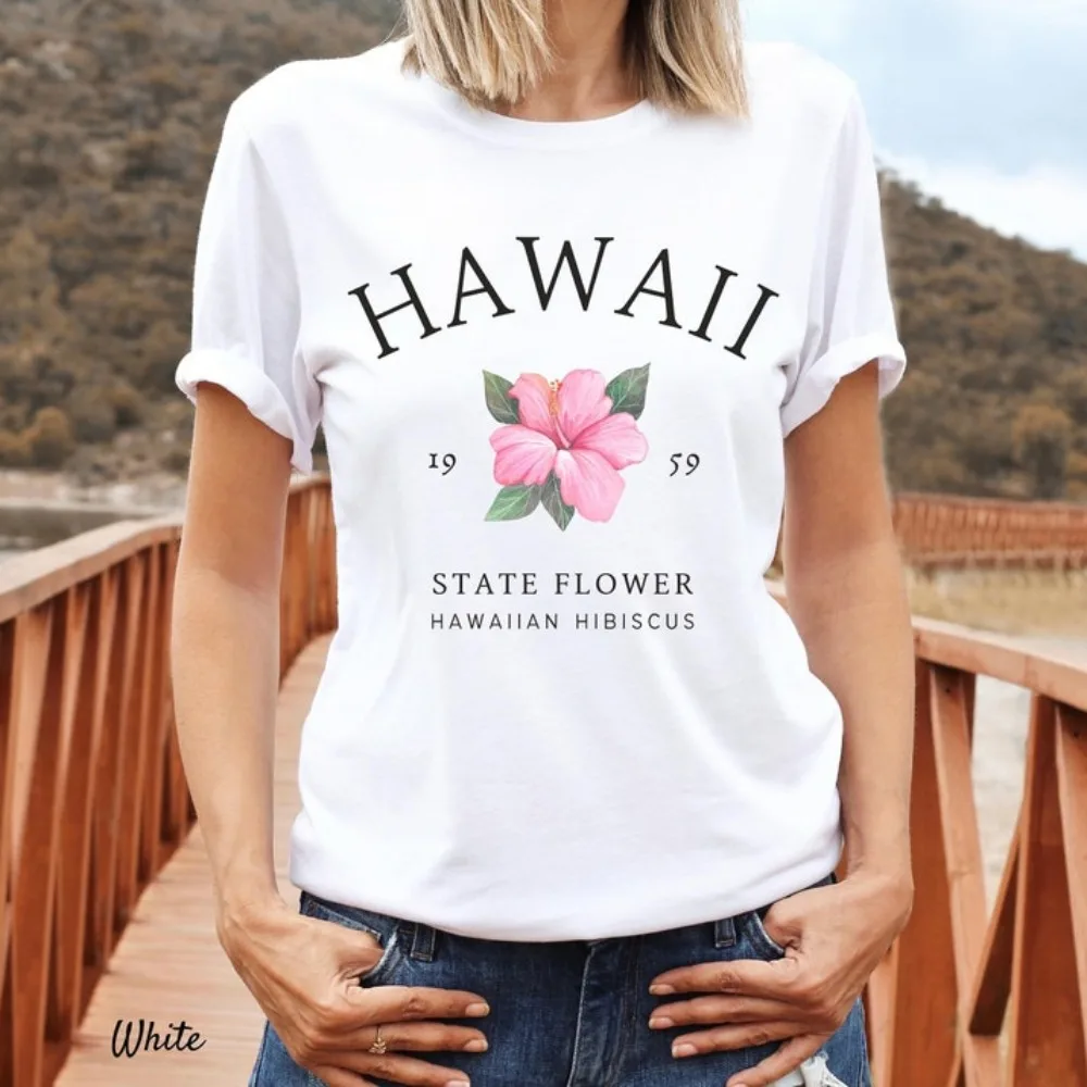 Hawaii Shirt Hawaiian Tee Tropical Pink Flower Soft and Comfortable Cotton T-shirt Unisex Summer Short Sleeve Women Tops