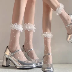 1/3pairs Lace Crystal Socks Women Sweet Girls White Elastic Dot Silk Stocking Crystal Ankle Ruffled Sox JK Lolita Streetwears