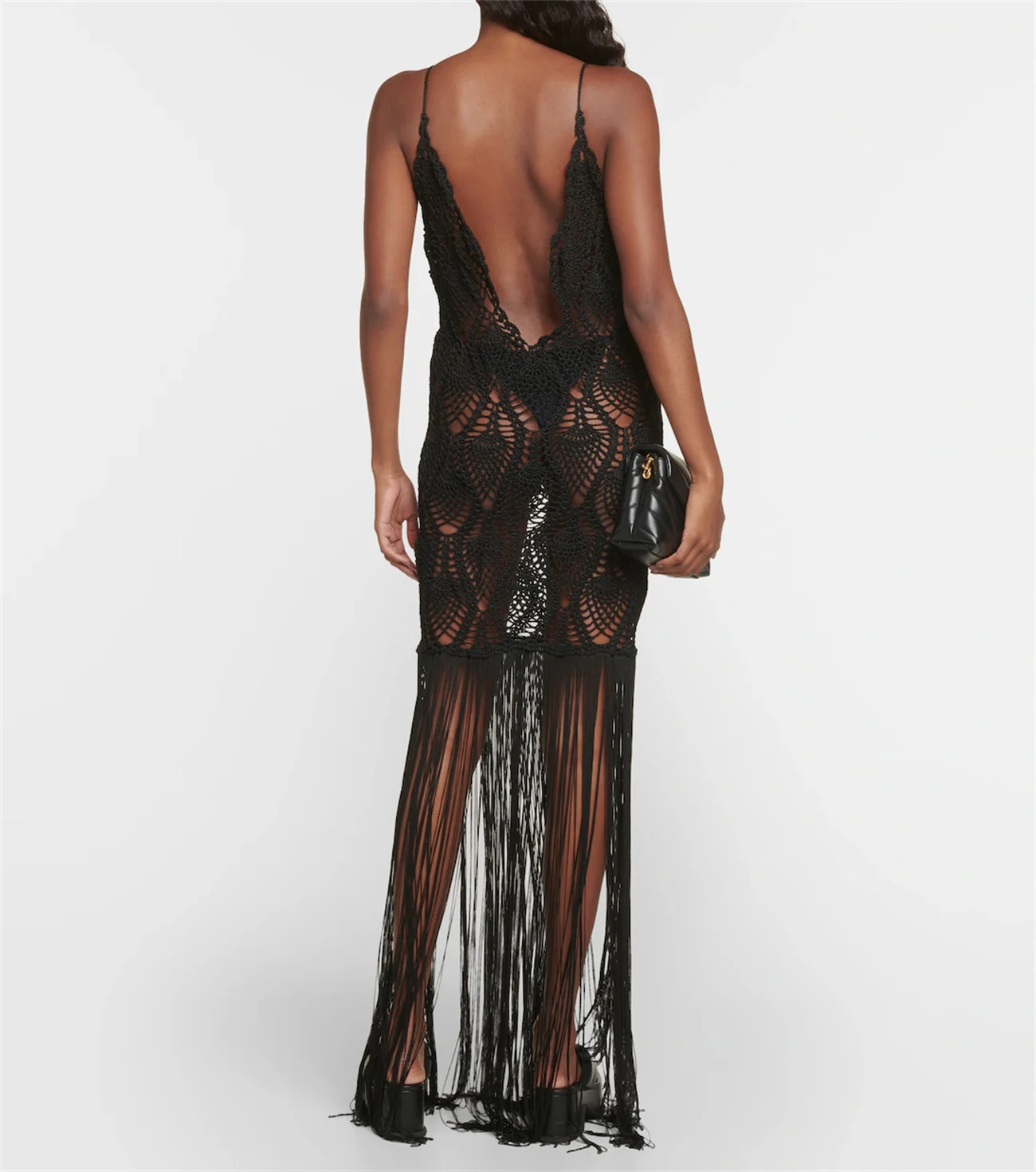 Prom Dress Thin Straps Backless Black Openwork Woven Rope Tassel Custom Star Stage Premium Prom dress  فساتين للحفلات الراقصة