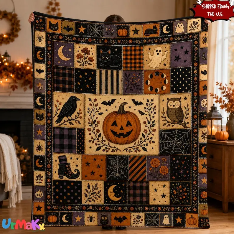 Vintage Halloween Blanket, Pumpkin Ghost Black Cat Throw, Raven Owl Bat Patchwork Decor, Spooky Cottagecore Fall Gift