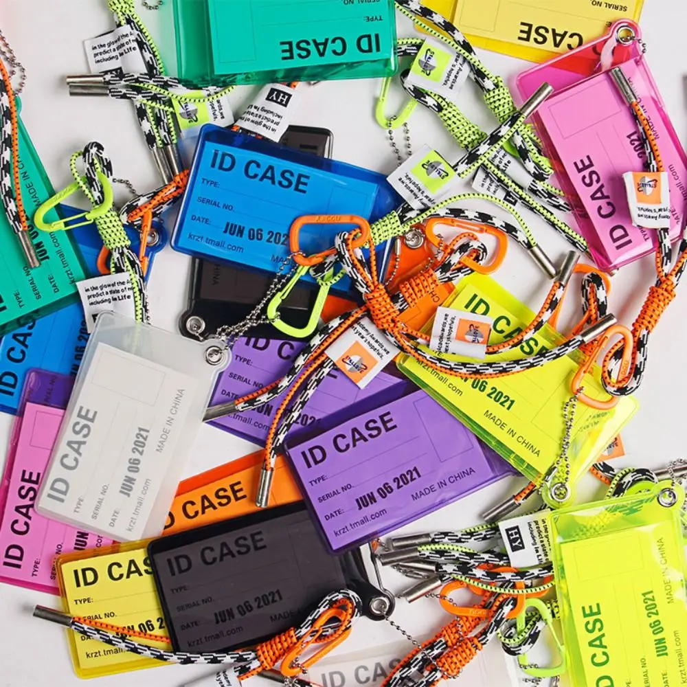 蛍光カラーカードホルダーストラップ PVC 素材金属キーリング ID カードストラップバッグチャーム透明資格情報ホルダー