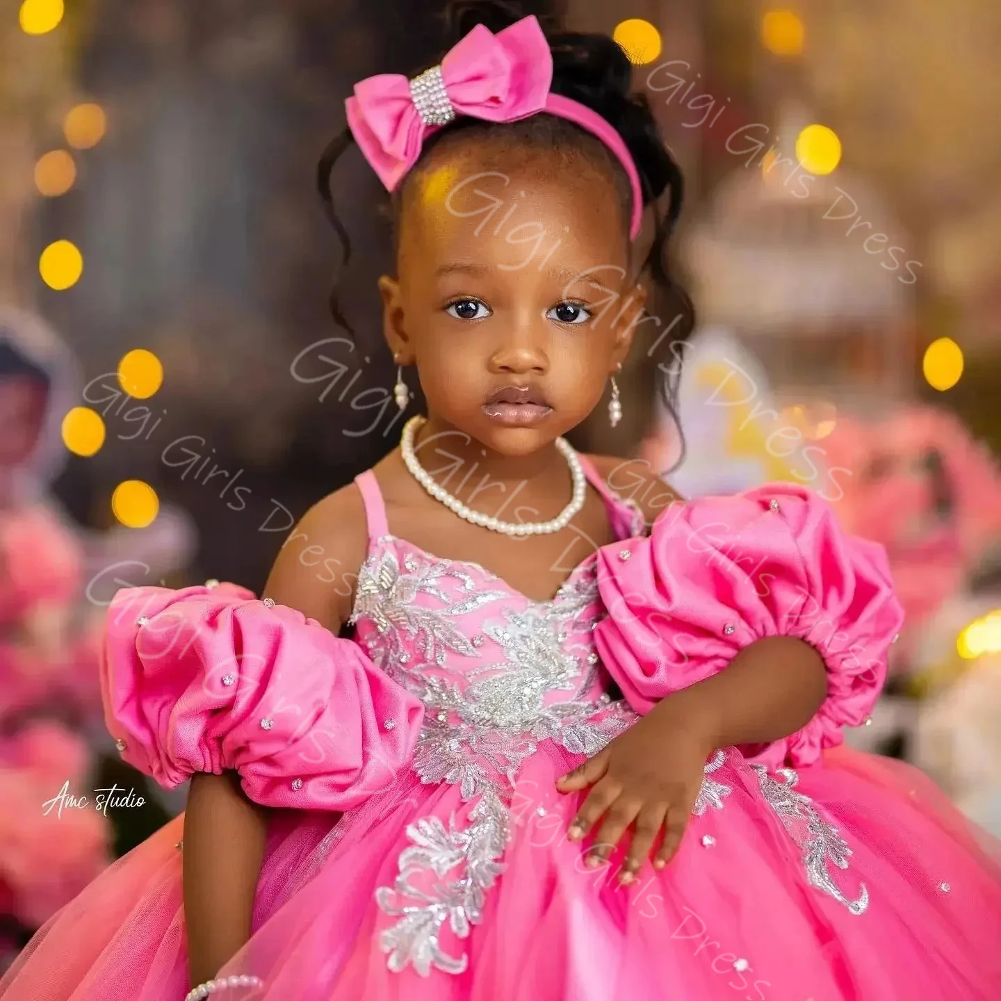 Vestido floral rosa quente para casamento, crianças, alça espaguete, apliques frisados, tule, vestido de aniversário, festa personalizada, vestido de baile