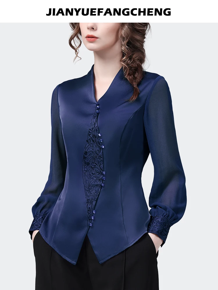 Satin Top 2023 Spring Summer Women Long Sleeve V-neck Purple Embroidered Beaded Blouse Retro Casual Slim Fit Ladies 90s Shirts