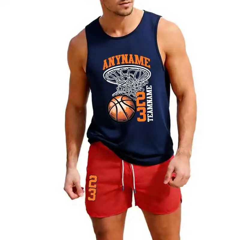 

European size Men's Mesh Vest+Quick Drying Shorts 2-piece Basketball Training Jogging Sports Set Summer Seaside Beach Sportswear