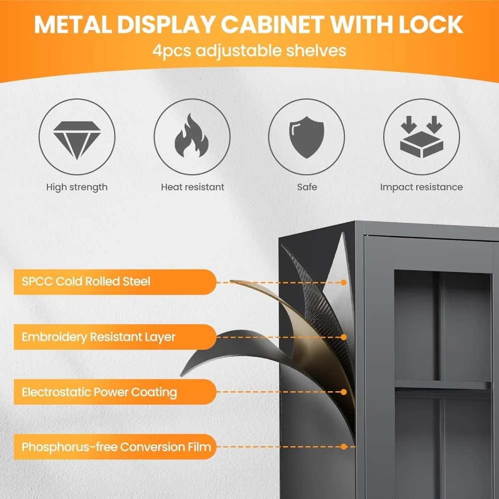 Tall Glass Door Metal Curio Cabinet with Adjustable Shelves, 71-Inch High Black Display Case for Liquor Cans