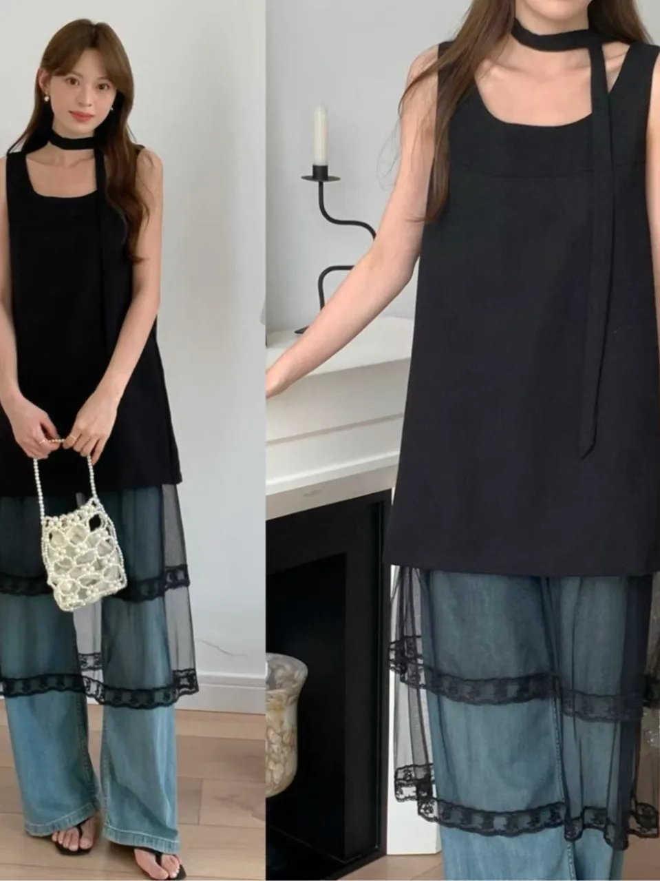 

Chic Summer Women's Lace Me Vest Dr with Belt Square Collar ing Waisand Layering Splice Netting Svel Gown