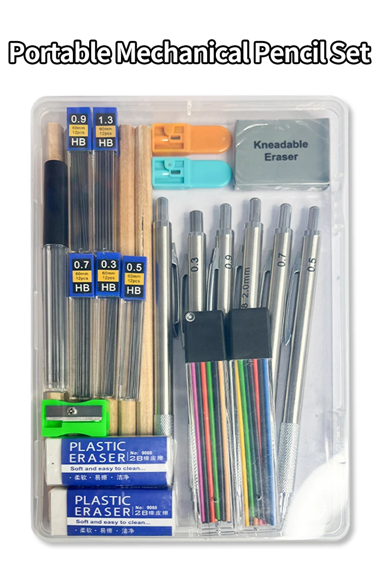 Tragbares Druckbleistift-Set mit Spitzer, Farbstiftminen zum Schreiben, Skizzieren, Kunst, Zeichnen, Malen, Schreibwaren-Set – Detail 7