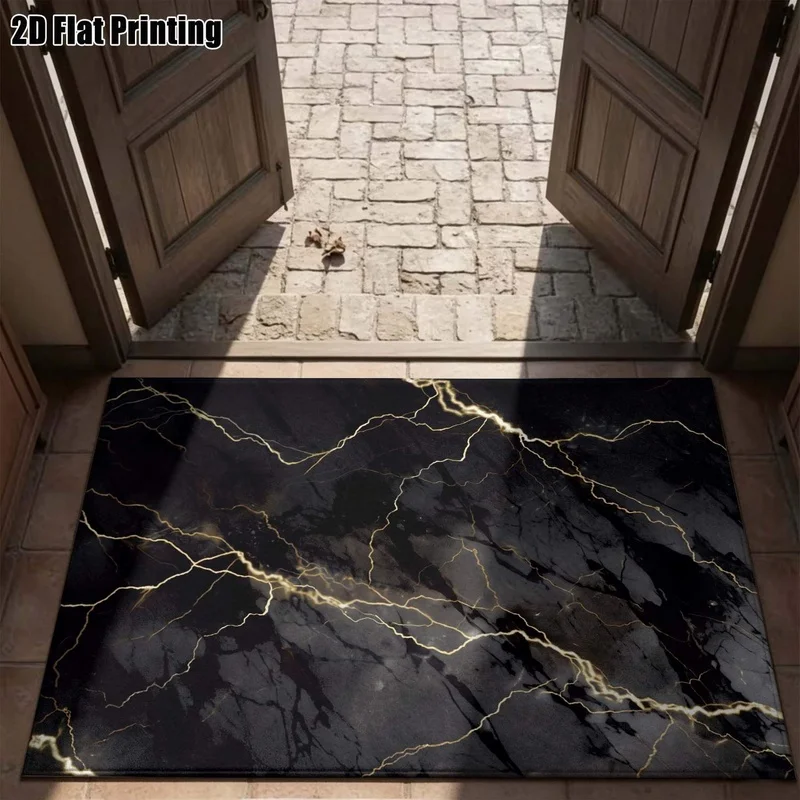 Large Indoor Area Rug, Soft Velvet Low Pile Machine Washable Modern Black Gold Marble Lightning Abstract Rug for Living Room Bedroom Home Decor