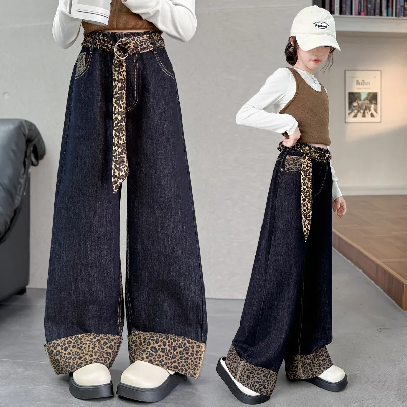 

Girls' Leopard Print Pants Edge Jeans 2025 New Children's Pants Autumn Loose Straight Wide-leg Pants Girls Clothing