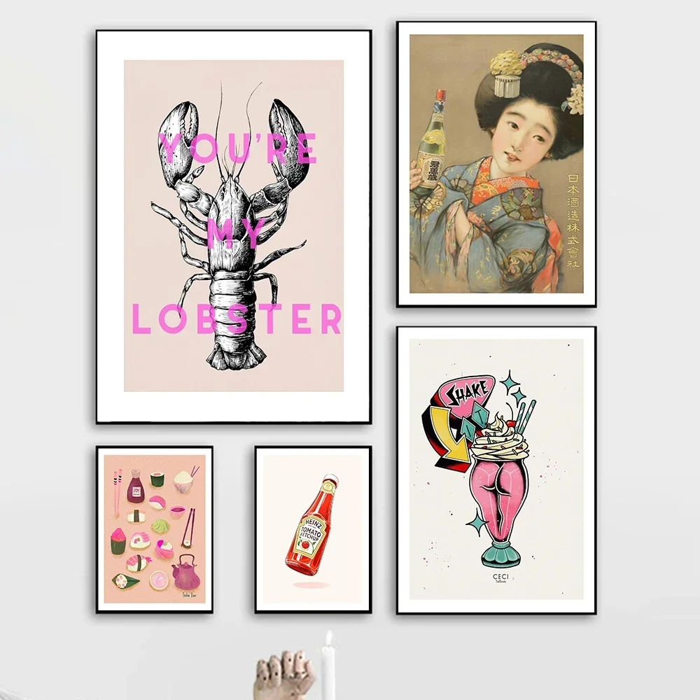 Pink Milkshake Lobster Ketchup Art Print Sushi Love Women In Blue Kimono Poster Wall Canvas Painting Kitchen Decor Pictures