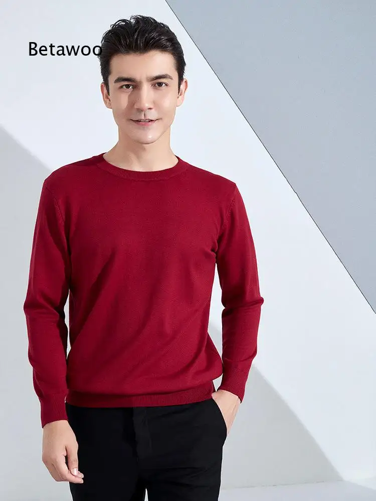 Mens Round Neck Thick Knit Pullover Sweater Loose Fit Solid Color Knitted Undershirt For Autumn Daily Wear And Casual Matching
