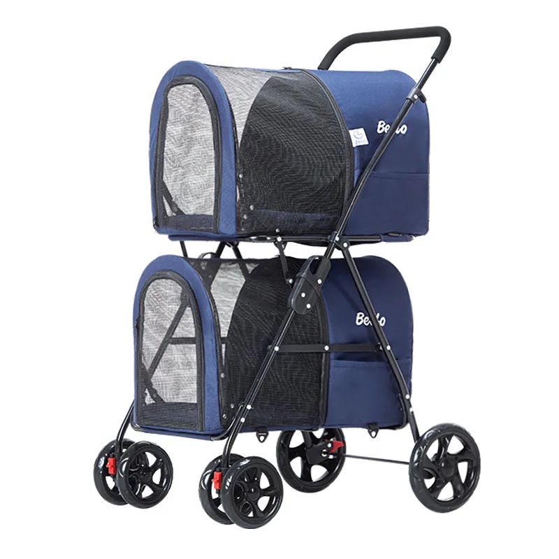 Double-layer Pet Stroller Cats Carrier Collapsible Breathable Dog Cat Trolley Detachable Handbag  for Dogs Cats Walks Relax