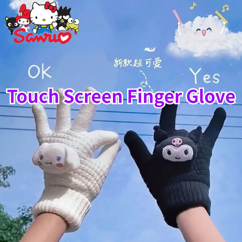 Sanrio Kuromi Melody Touch Screen Full Finger Glove Pochacco Women's Winter Warm Riding  Anti-Cold Student Soft Japanese Gloves