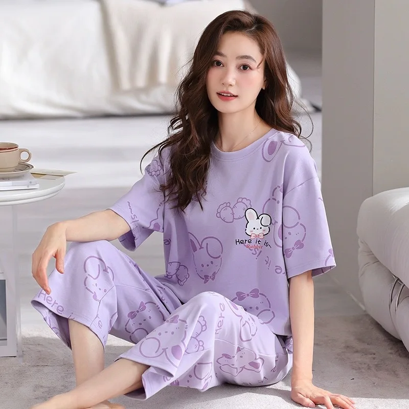 Summer Pyjamas Women Summer Cropped Pants Half Sleeve Girl 2024 New Large Size Summer Short Sleeve Daily Comfort Home Wear Women