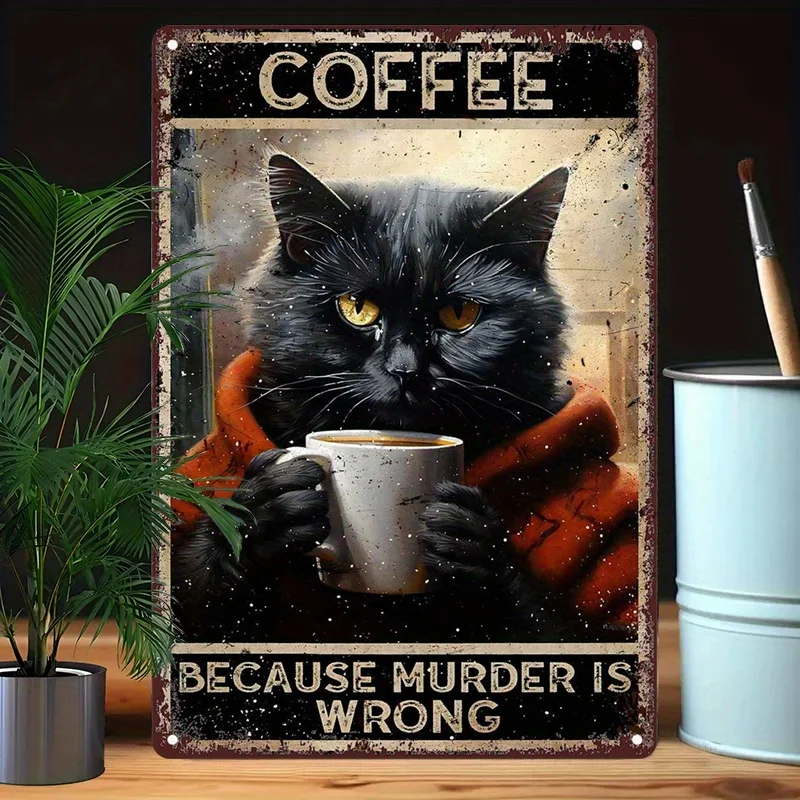 Vintage Metal Wall Sign - Black Cat Coffee Humor Art with 