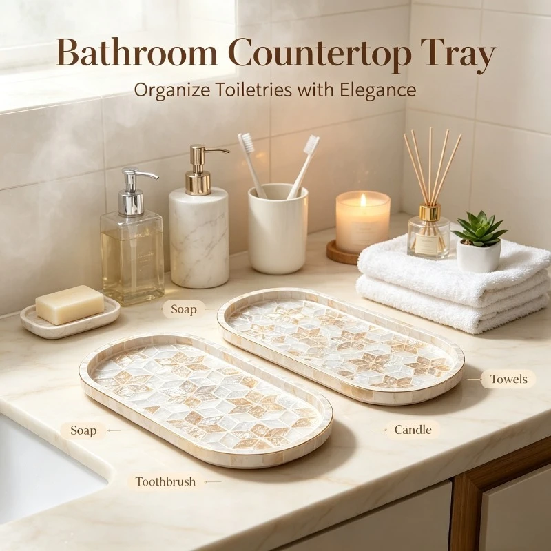 Mother‑of‑Pearl Mosaic Storage Tray Set Oval Decorative Shell Inlaid Plate Jewelry Cosmetic Organizer Home Tabletop Ornament