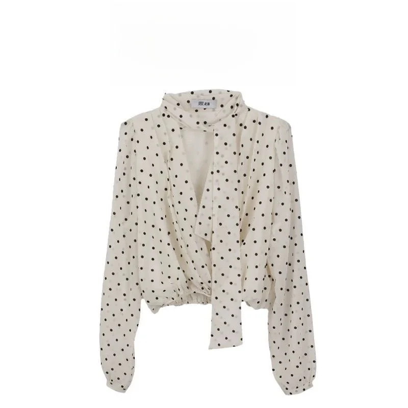 Retro Polka Dot Sash Long Sleeve Women's Shirt Autumn 2026 Chiffon Base Design Sensation Small Audience Elegance Top