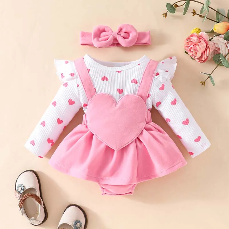 

Baby Clothes 0-1Year Girl Bodysuit Skirts Loving Heart Decoration Dresses Long Sleeve Printed Leotard With Hairband 2Pcs Outfits