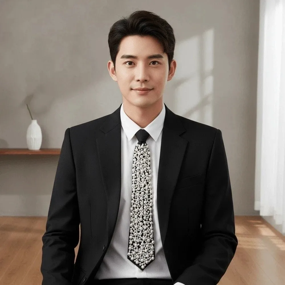 

Elegant Korean Style Full Pearls Tie Choker Black Hand-beaded Long Necktie Collares Geometric Decoration Shirt Tie Women