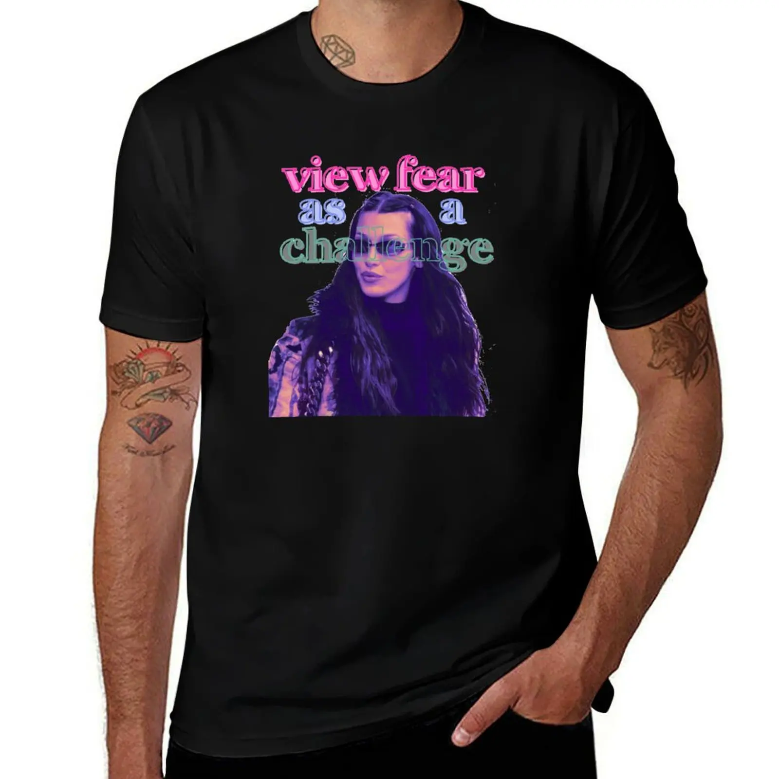 

Bella Hadid View Fear As A Challenge Collage Neon Colors T-Shirt cotton t shirt man t shirt for man 100 percent cotton T-Shirt