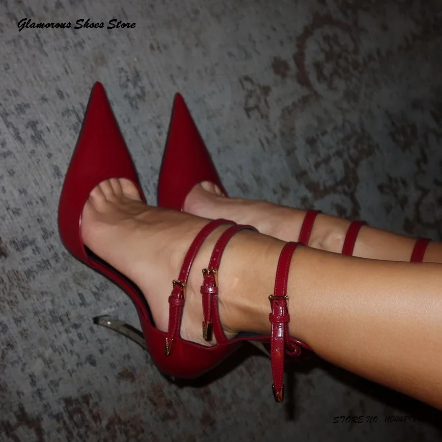 

Patent Leather Buckle Strap Pumps Elegant Pointed Toe Metal Thin Heel Women's Shoes Summer Fashion Wedding Party Modern Sandals