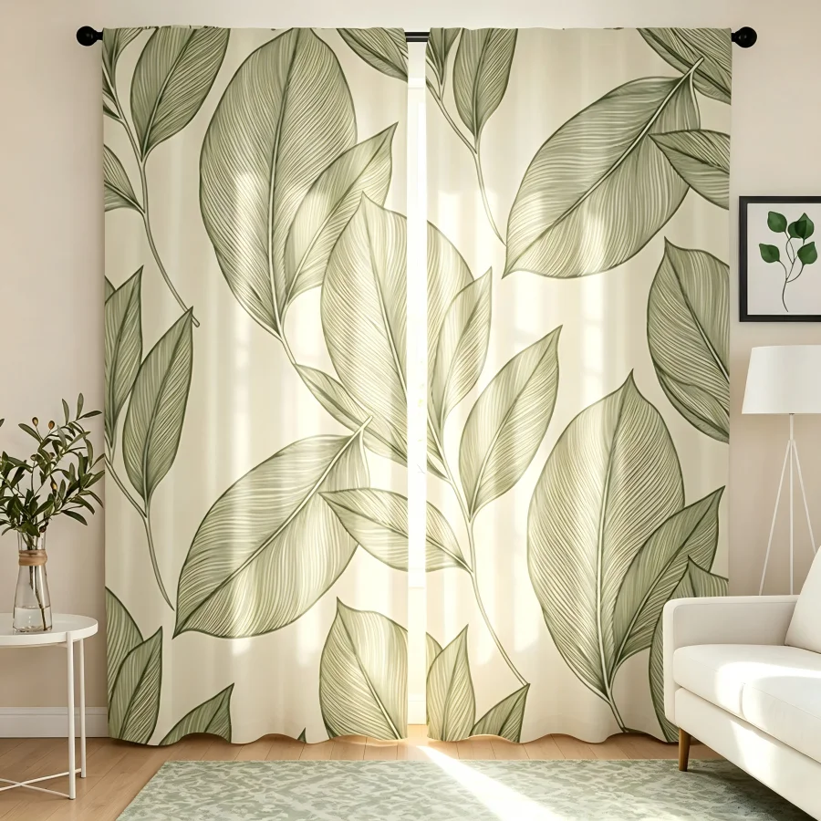 2PCS Digital Print  Curtain, Line Art Leaves, Bohemian Style  Curtain Panel for Home Living Room Bedroom Decor