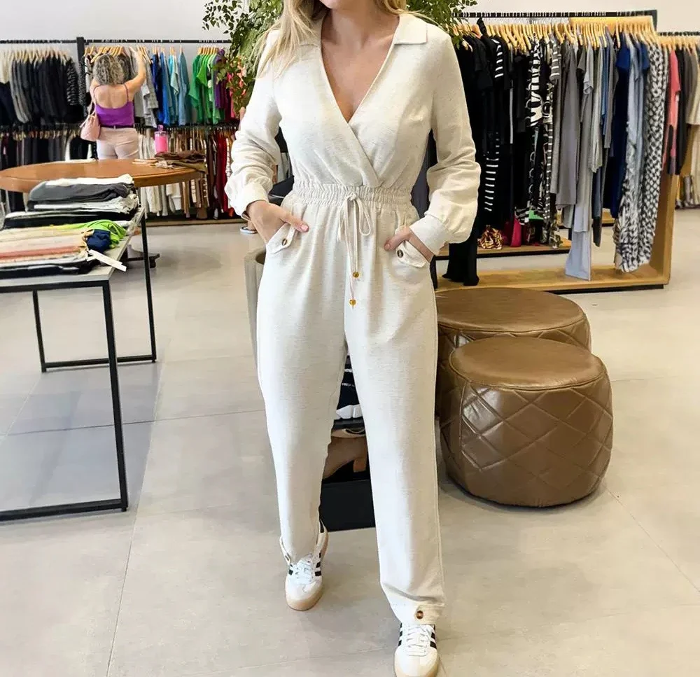 Casual Jumpsuits for Women Sexy Elegant Fashion Lapel V-Neck Collar Shirred Drawstring Waist Long Jump Suit 2024 Autumn Winter