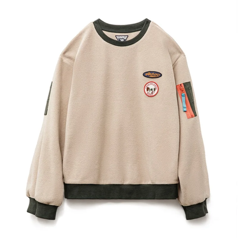 Maden MA-1 Pocket Polar Fleece Sweatshirt with Round neck Warm Long Sleeves Tops for Women\'s Versatile Pullover for Fall Hoodie