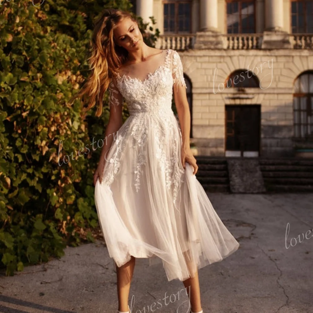 Boho A-Line Wedding Dresses Mid-calf Length Illusion Bride Robe For Women Applique Bridal Gown New Arrival Vestido De Noiva