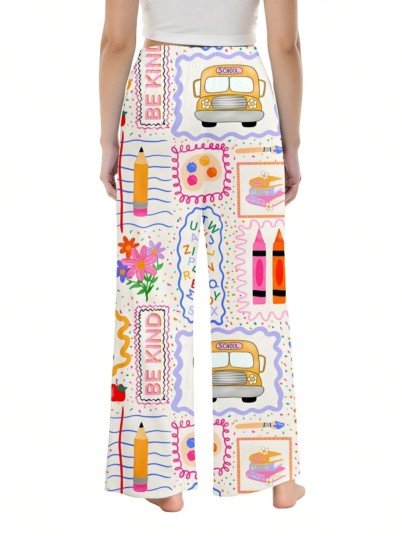 Autumn New Back To School Cartoon School Bus Crayon Full Print Wide Leg Pants for Women's Casual Drawstring Straight Leg Pants