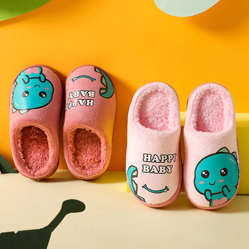 Cartoon Dinosaur Winter Warm Slippers for Kids Boys Girls Non-slip Thickness Soft Soled Slippers for Children Home Plush Shoes