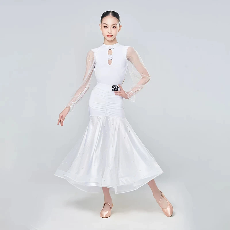 Modern Dance National Standard Dance Clothing For Girl Mesh Backless Top Fishbone Skirt Suit Ballroom Dance Costumes DN24536
