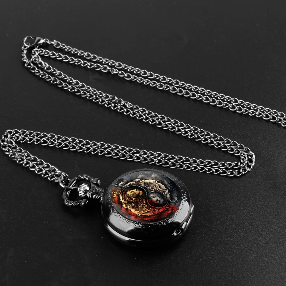 Domineering YinYang Lion Glass Dome Black Quartz Pocket Watch with Arabic Numerals Dial and Durable Chain Gift for Men Women