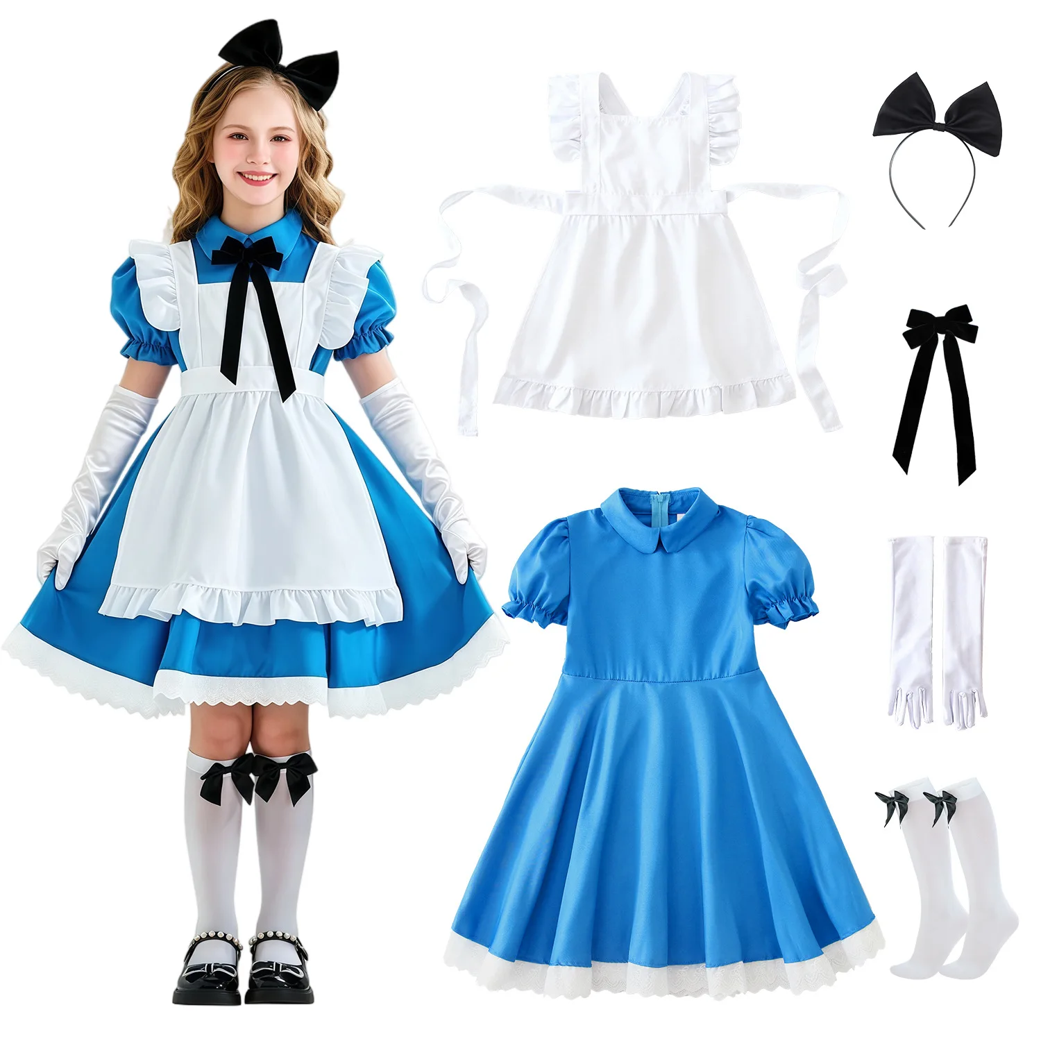子供用ブルーアリス・イン・ワンダーランド-ハロウィンコスチューム-キッズパーティー-ロリータメイドドレス-コスプレ-ファンシーカーニバルコスチューム-女の子用