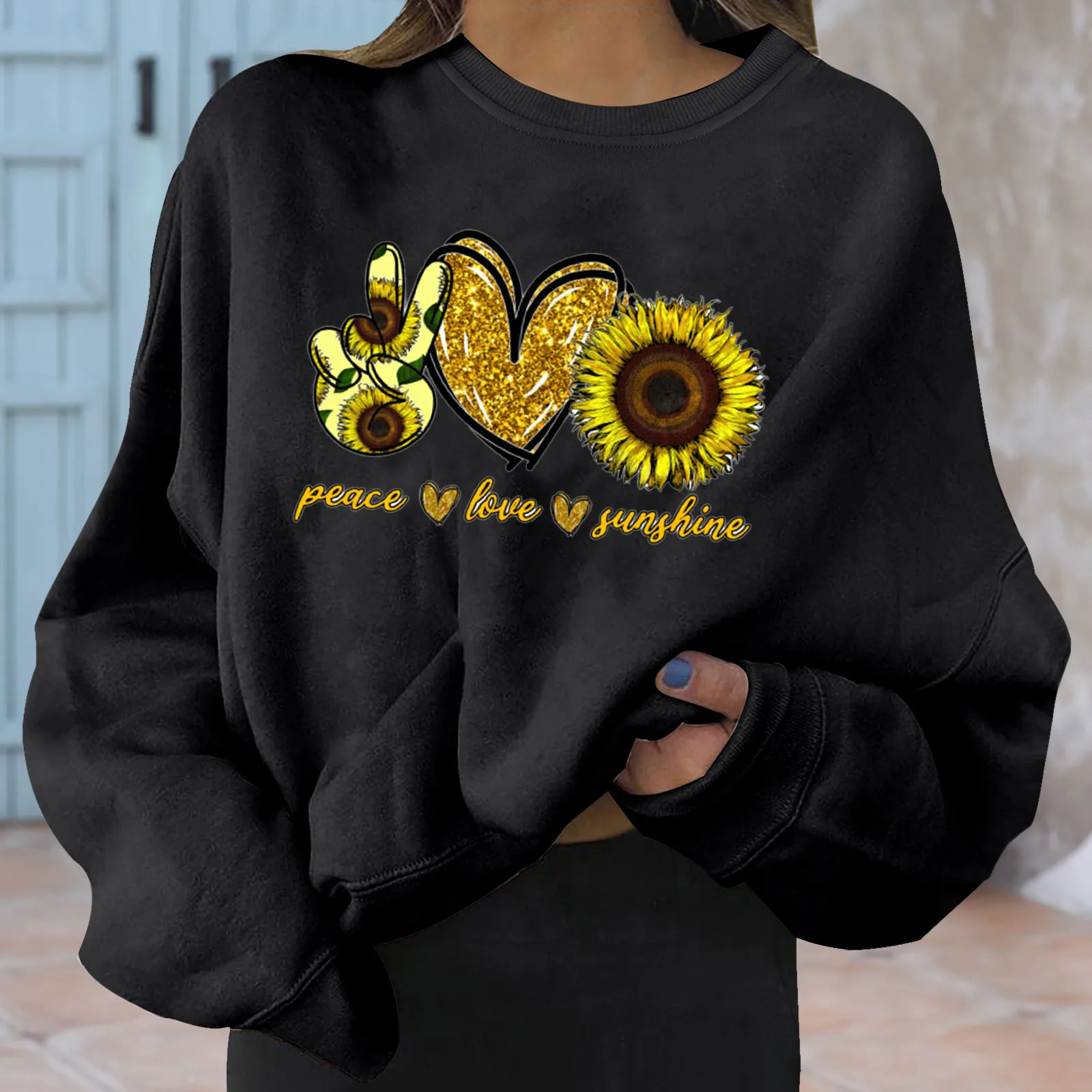 Women'S Sunflower Finger Love Print Fashion Hoodie Round Neck Long Sleeve Casual All-Match Comfortable Pullover Chic Hoodie