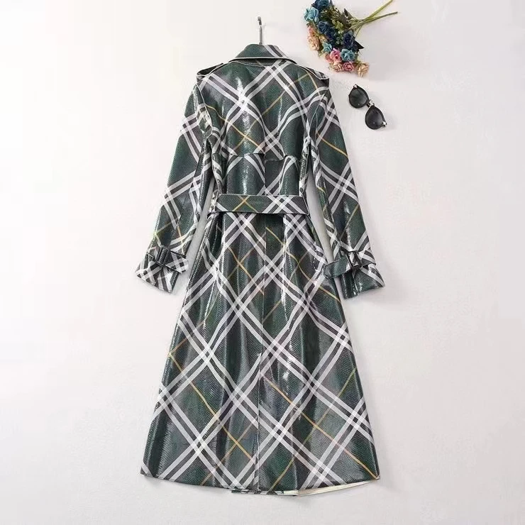 European and American women's dress 2023 winter new Long sleeve suit collar green checked belt fashion Trench coat XXL