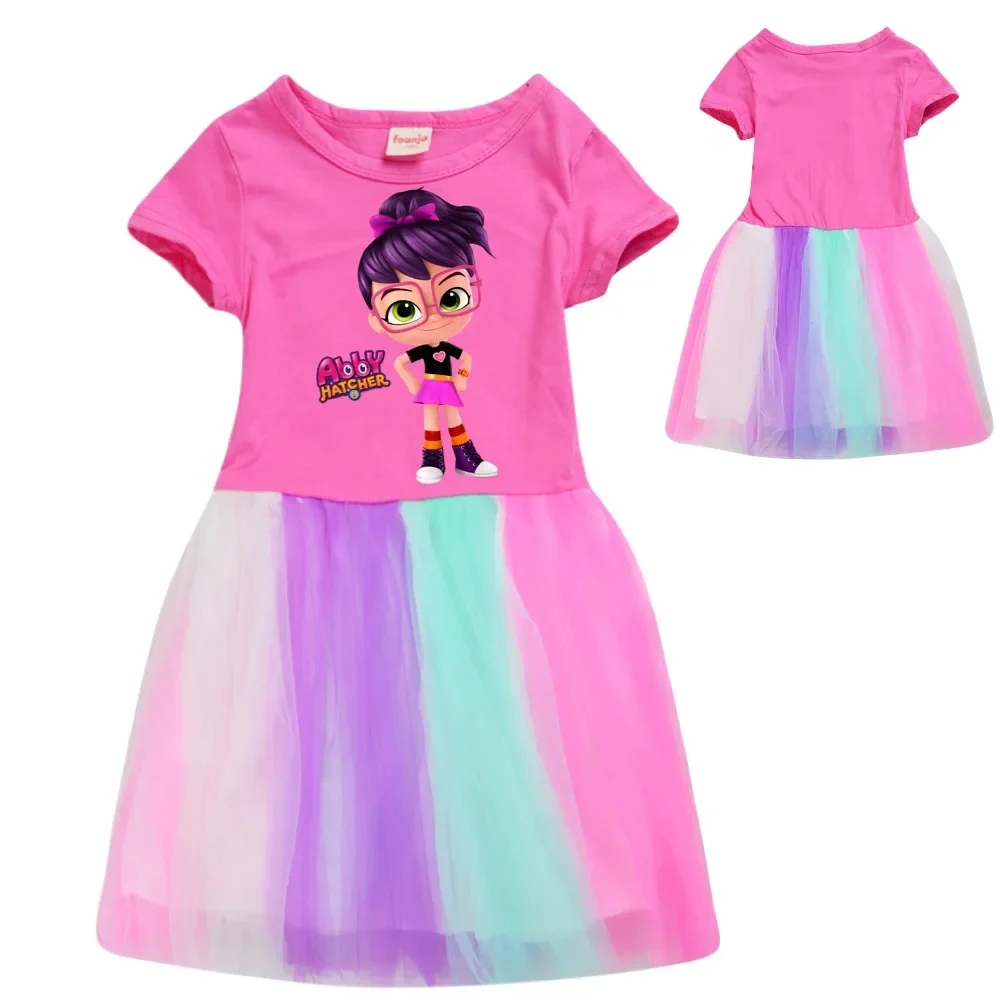 Abby Hatcher Kids Clothes Knee-Length Dresses Cotton Rainbow Full Dress Teenagers Cartoon Girls Clothing Party Clothes