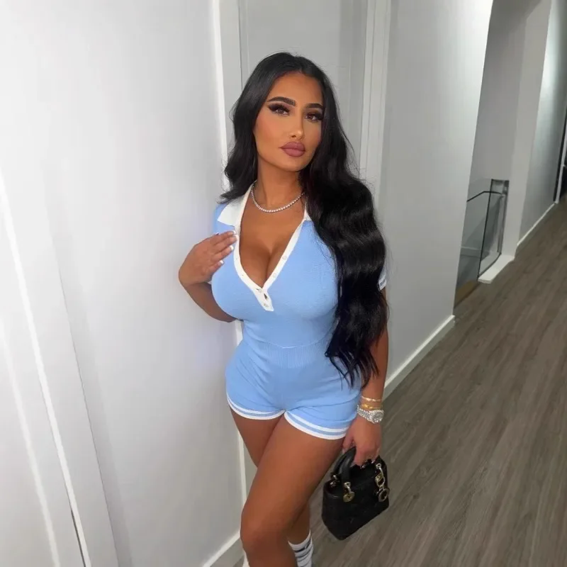 

Women Fashion Color Patchwork Knitted Playsuits Sexy Turn Down Collar Short Sleeve Single Breasted High Stretch Slim Rompers