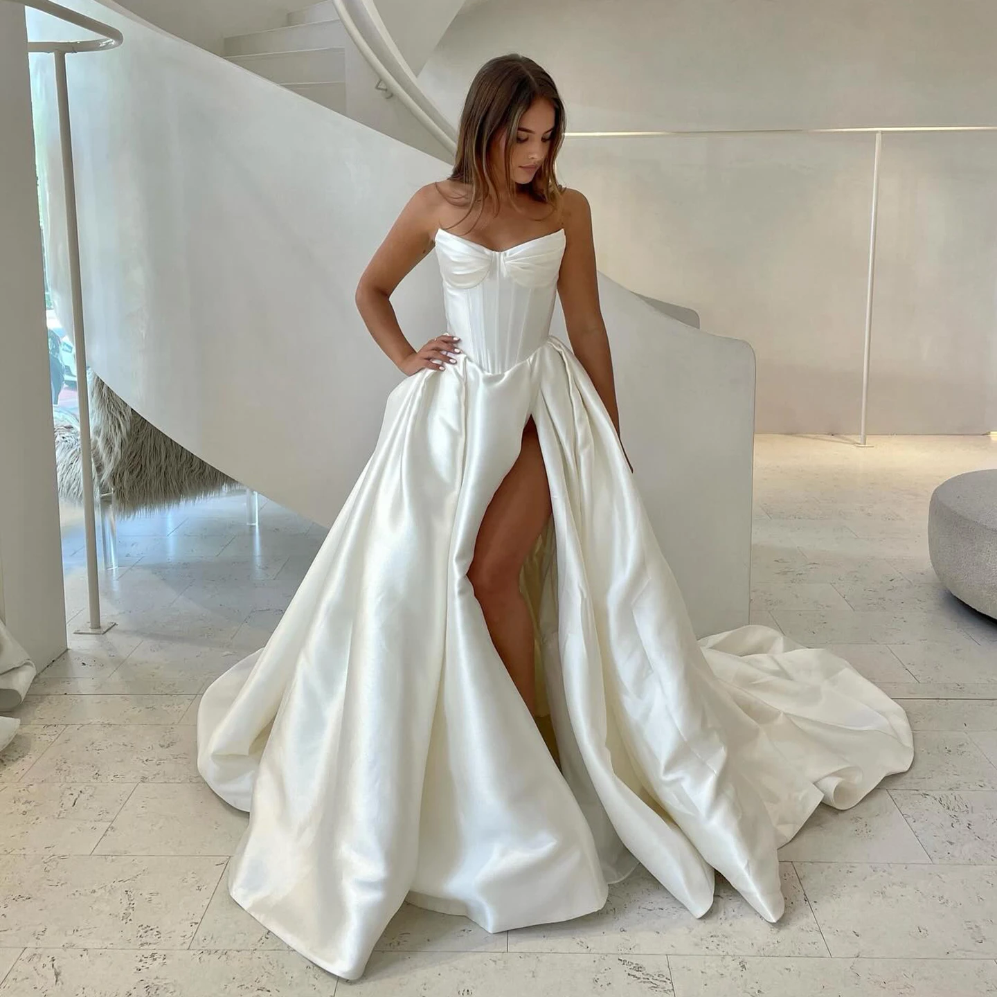 Sharon Said 2025 Simple Sweetheart A-Line Off White Wedding Dresses High Split sleeveless Satin Bridal Gowns SW070 Customized