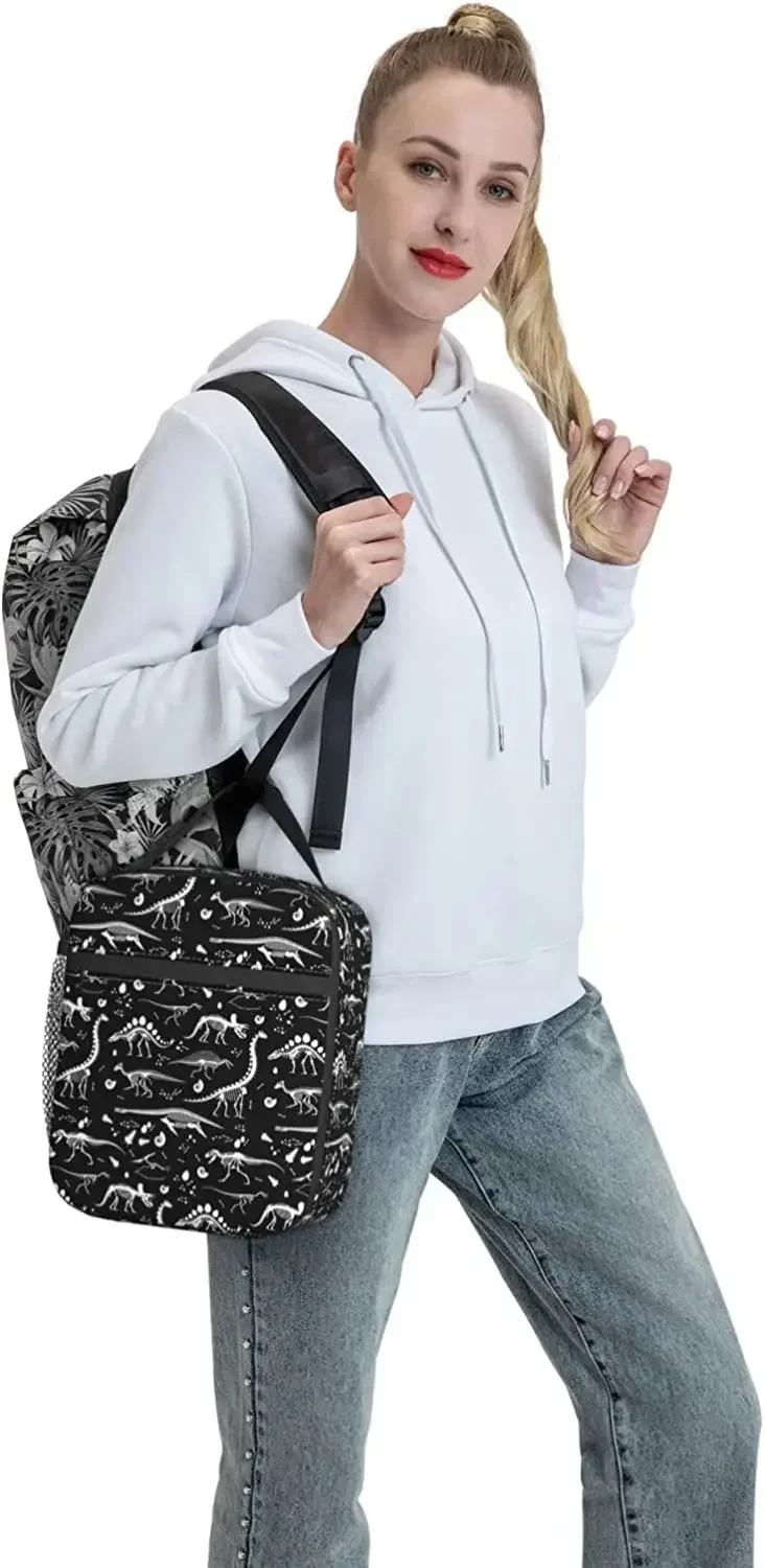 Dinosaurs Black and White Totes Lunch Bag Portable Insulated Lunch Box Back to School Picnic Office Travel