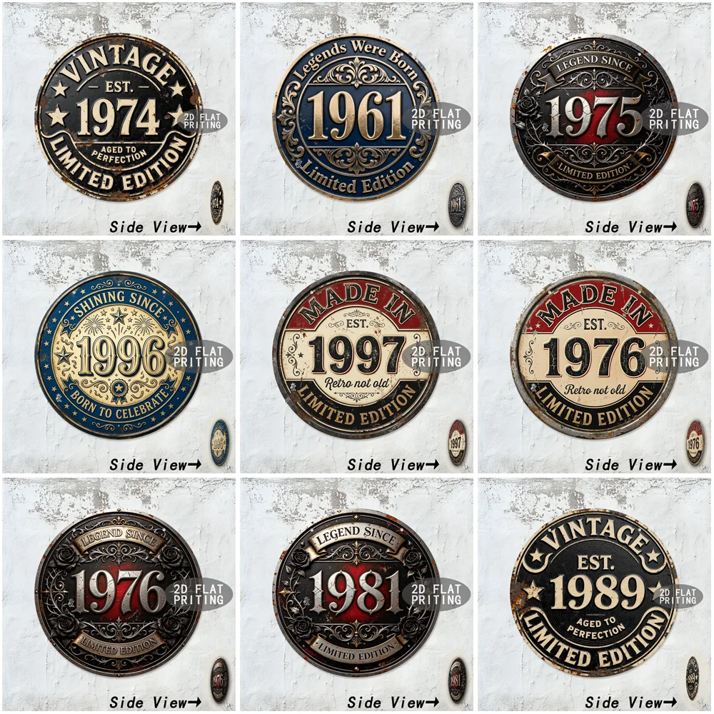 2D Flat Round Metal Tin Sign Vintage Retro Limited Edition Year Number Letter Text Wall Decor Plaque For Home Cafe Bar Farm In
