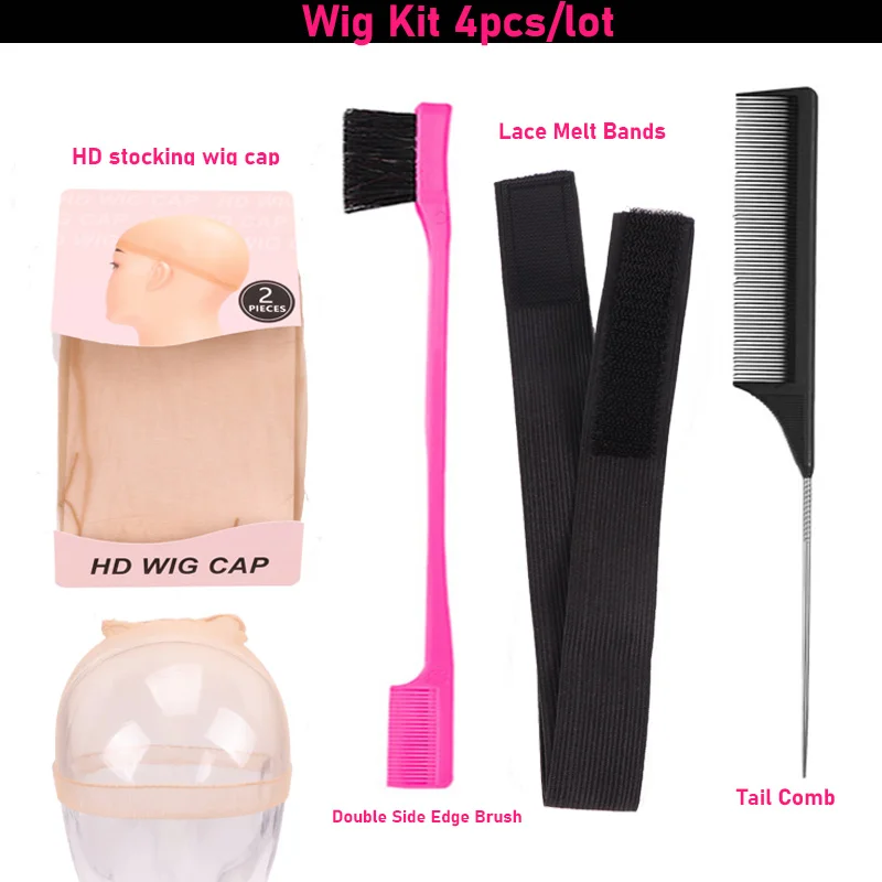 4Pcs/Lot Hd Wig Cap Egde Laying Elastic Band For Lace Front Wigs Edge Control Brush With Tail Hair Comb Wig Band For Edges