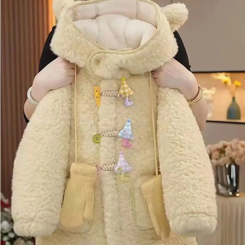 

Girls' Autumn Winter 2025 New Hooded Jacket Children's Cartoon Kawaii Fashionable Mid Length Coat Sweet Comfort Thick Warm Tops