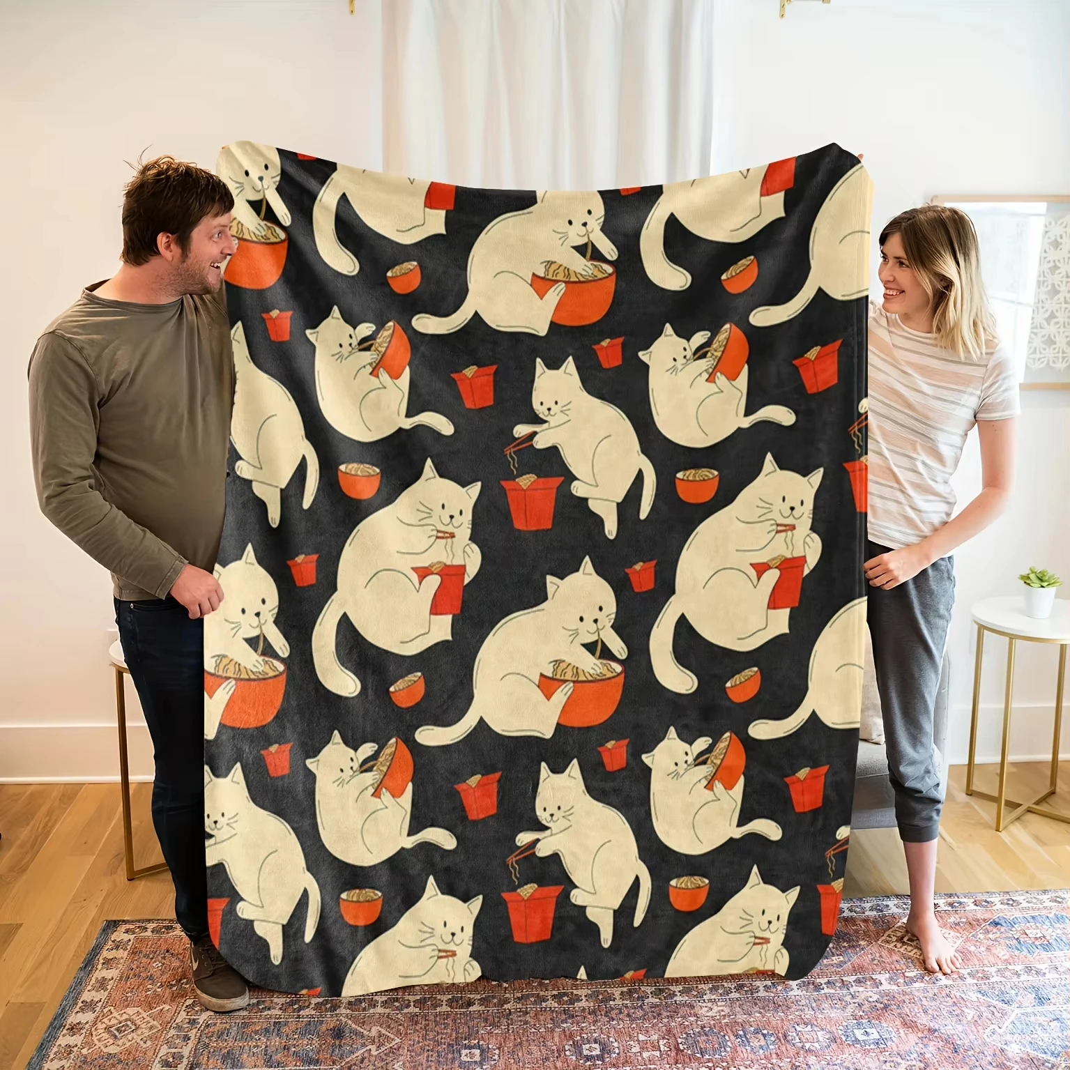 Scandinavian Cat Pattern Flannel Blanket White Cats Orange Buckets Print Soft Warm For Living Room Bedroom Home Decor