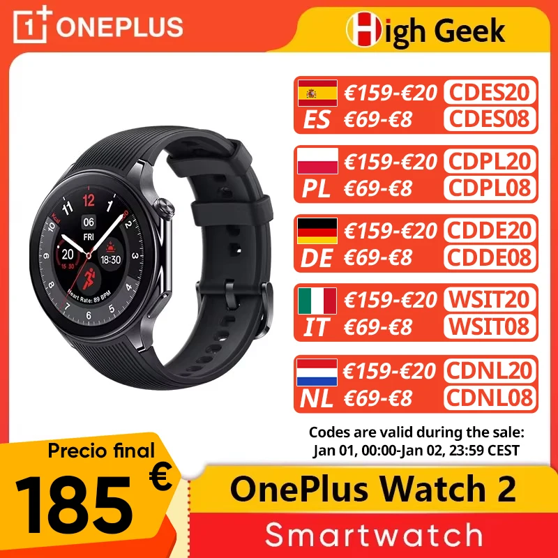 Global Version OnePlus Watch 2 Smart Watch 1.43'' AMOLED Display Snapdragon W5 Gen 1 Dual Frequency GPS Wear OS 4 NFC