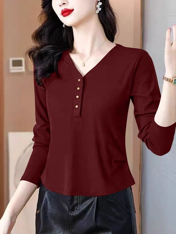 2025년 가을용 여성용 순면 슬림핏 허리 조임 기본 레이어 탑, 패셔너블한 플리츠 V넥 긴팔 티셔츠