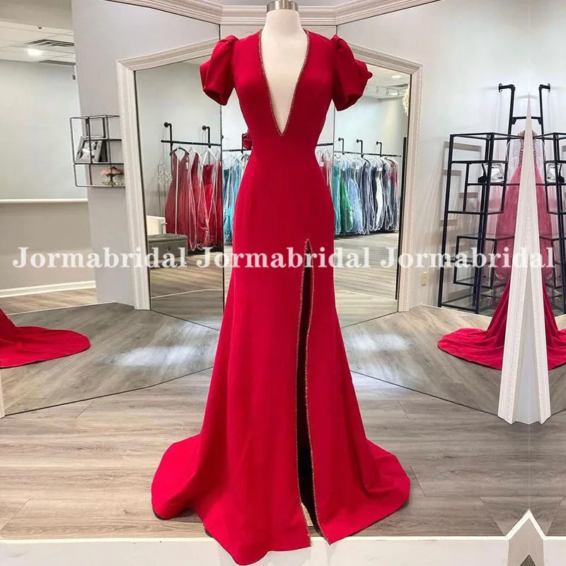 

Sexy Deep V-Neck Evening Dresses with Beads Short Puffy Sleeve Red A-line Front High Slit Formal Prom Dress 2022 robes de soirée