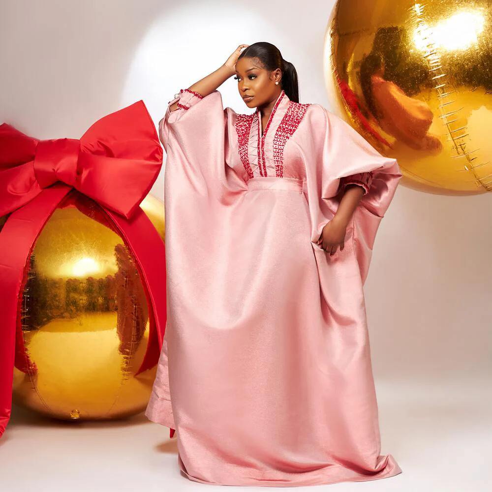 Luxurious African Dresses for Woman Inner Belt Plus Size Luxury Dresses V-Neck Rhinestones Dress for Church