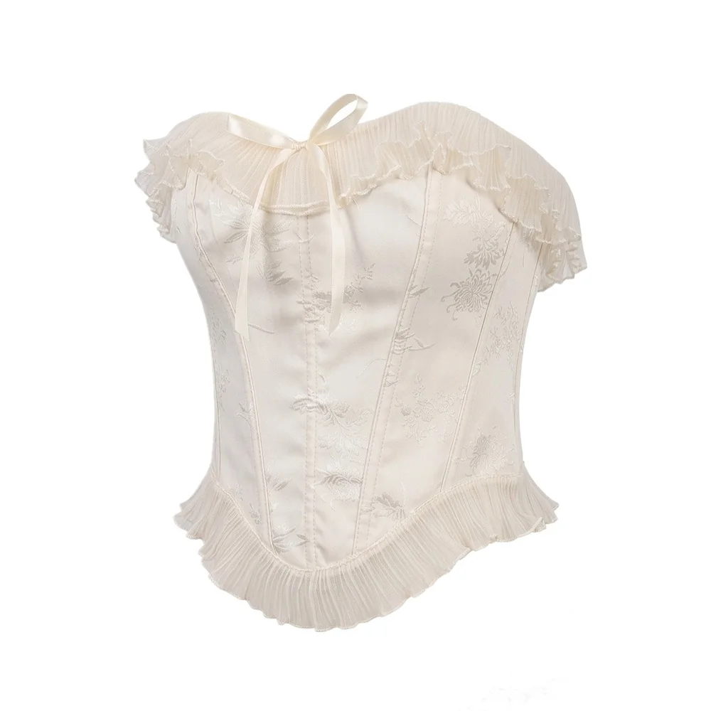 Women Sexy Overbust Corset Crop Tops Elegant Jacquard Ruffled Trim Backless Off Shoulder Bustier Gothic Clothes Party Club